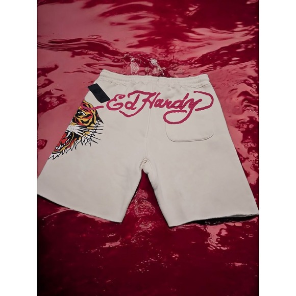 Ed Hardy Fleece Sweats Shorts Graphic Tiger Drawstring Cream Mens Size‎ L NWT - Picture 4 of 6